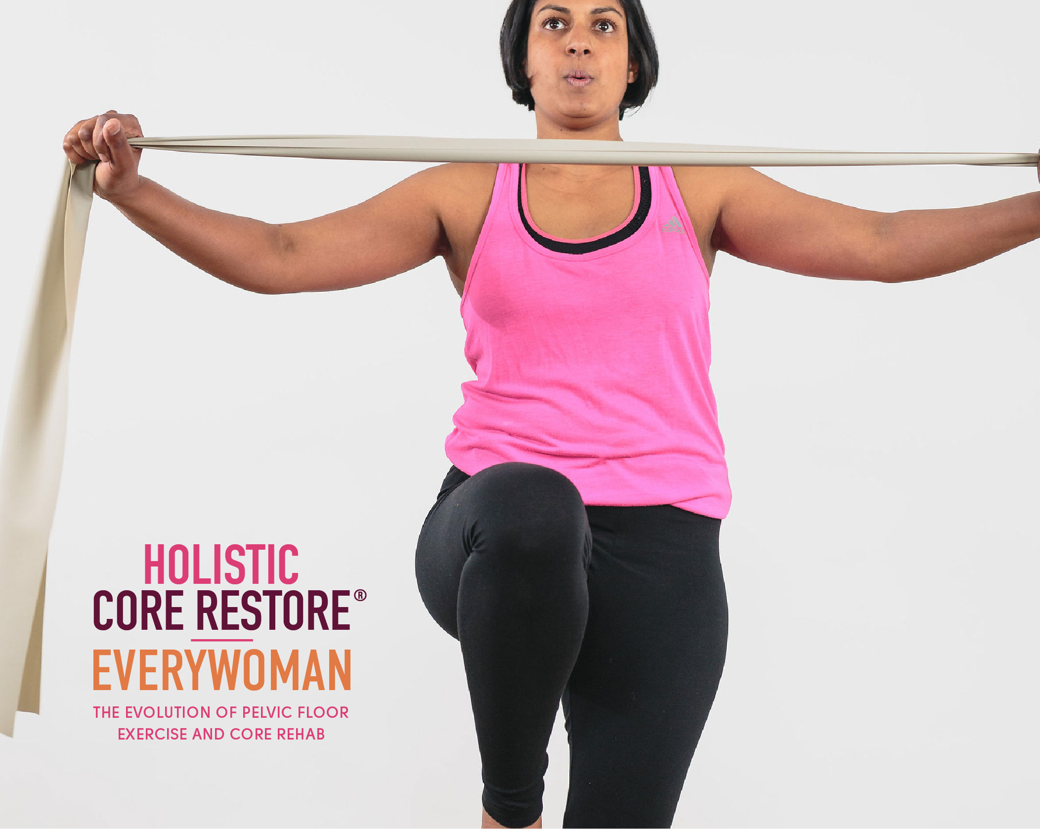 Everywomen - the evolution of pelvic floor exercise and core rehab. Image of a woman exercising with a resistance band