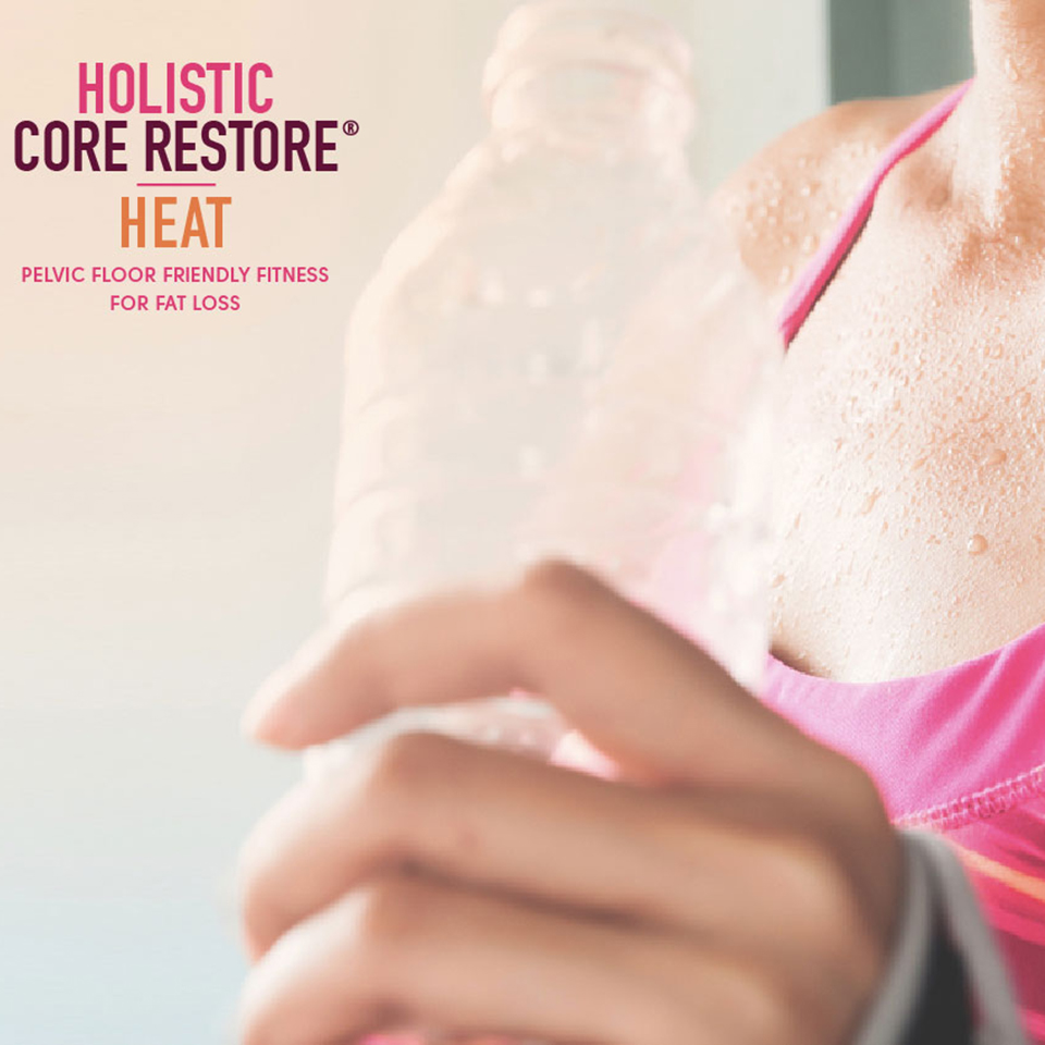 Holistic Core Restore Heat. Low impact, high intensity workout for women. Photo of a woman holding a water body.