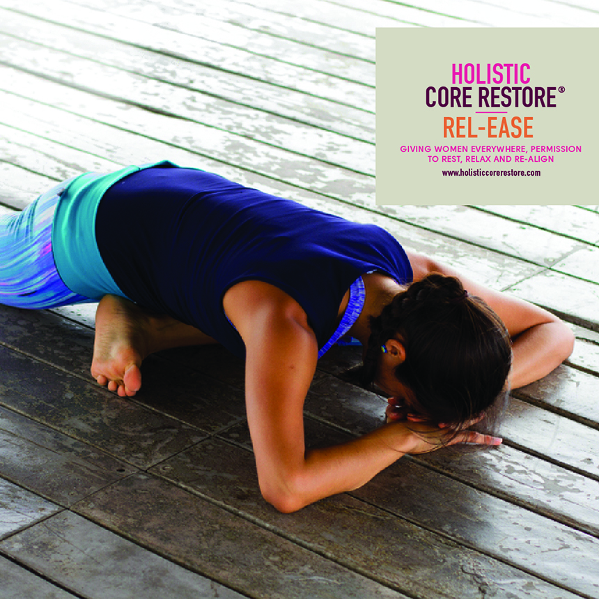 Rel-Ease, relaxation for women. Photo of a woman relaxing in a pigeon pose