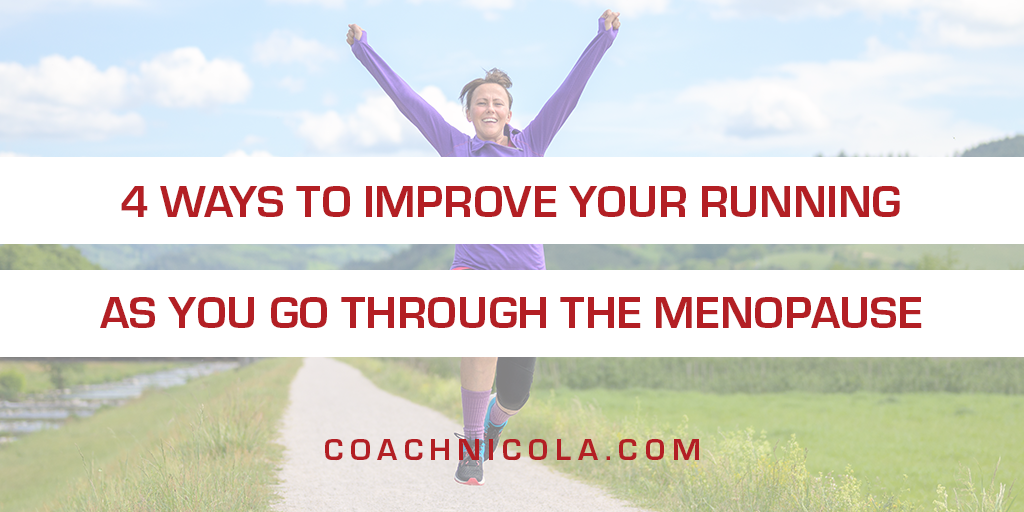 4 ways to imrpove your running as you go through the menopause - a woman jumping mid run with her arms in the air