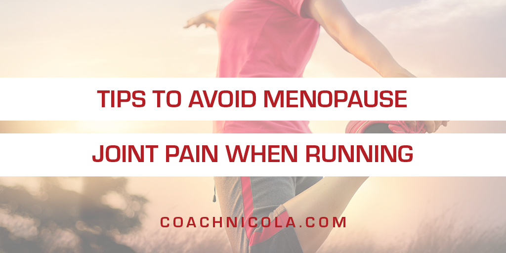 Tips to Avoid Menopause Joint Pain When Running: Background photo of a woman in a pink top doing a standing quad stretch